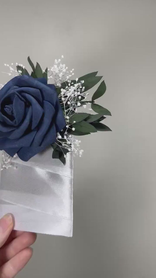 Navy Blue Pocket Boutonniere Wedding White Navy Blue Groom Boutonnière Square Groomsmen Blue Eucalyptus Boutonnière Artificial Flowers