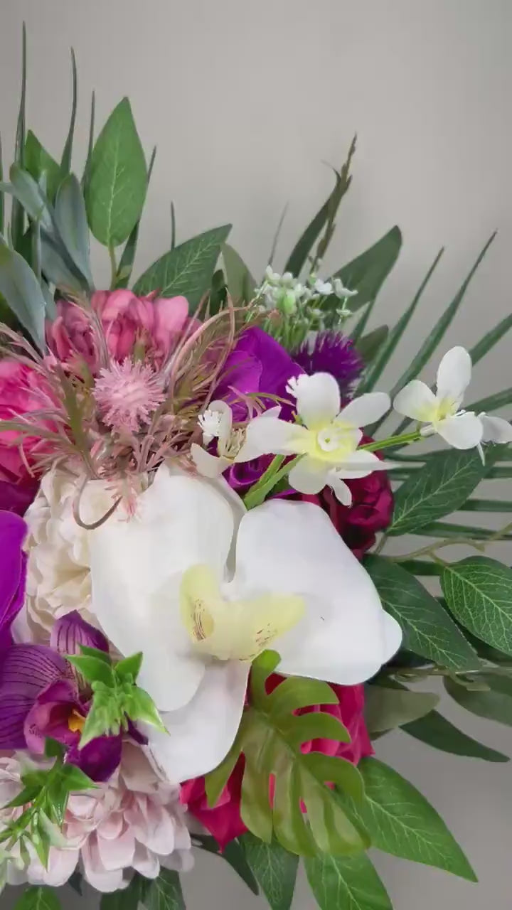 Wedding Bouquet Tropical Fuchsia Orchid Bridesmaids Bouquet Hot Pink Fuchsia Flower Viva Magenta Artificial Flower Faux Pink Tropical White