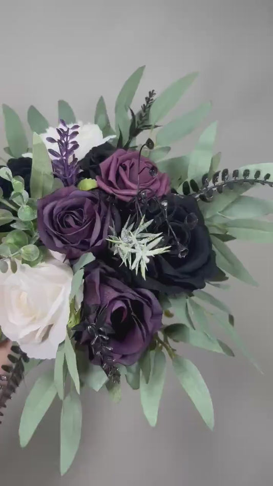 Black Plum White Bouquet Wedding Bridal Gothic Bouquet Dark Purple Black Ivory Dusty Sage Green Bridesmaids Bouquet Artificial Flowers