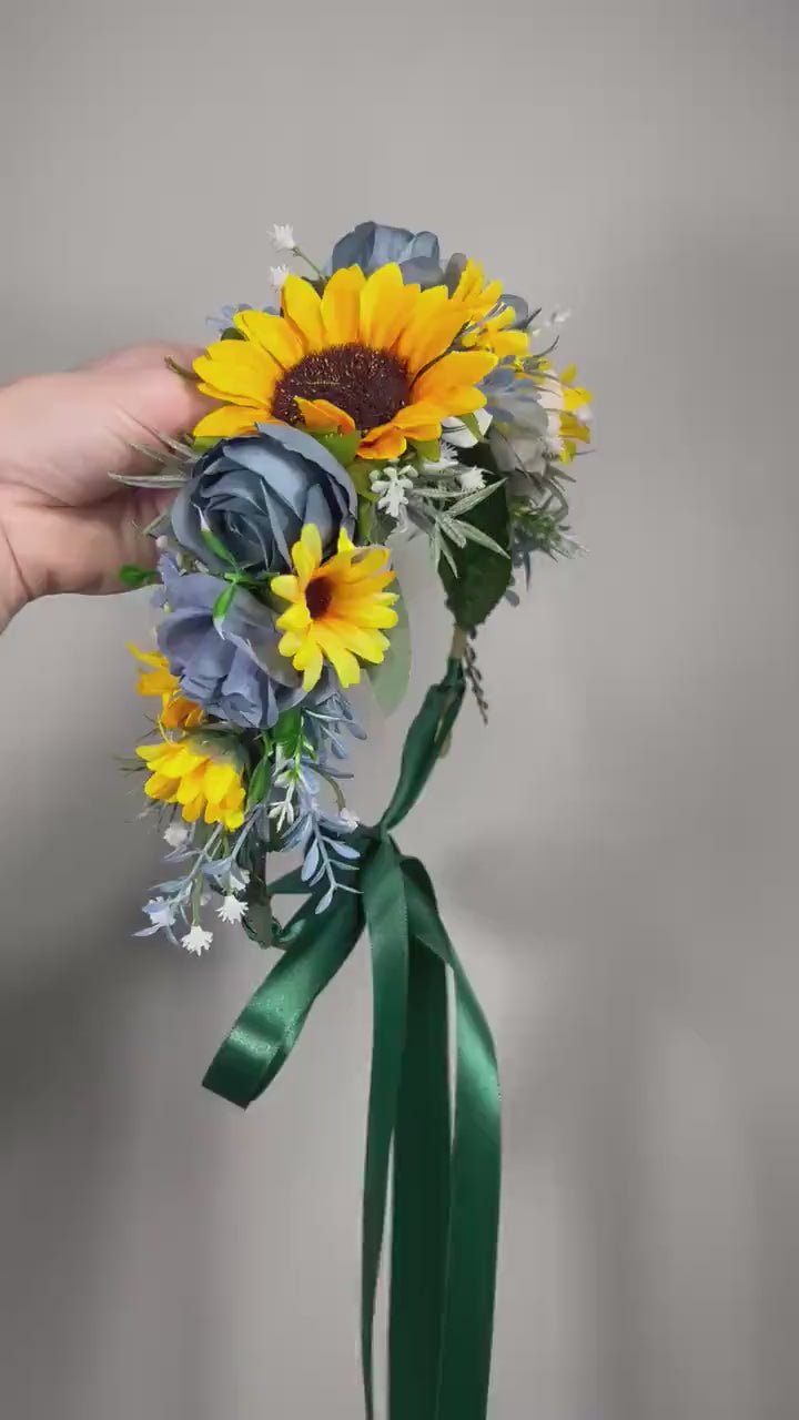 Sunflower Flower Crown Blue Wedding Rustic Yellow Sunflower Flower Crown Bridal Bridesmaids Dusty Blue Baby Breath Artificial Flower White