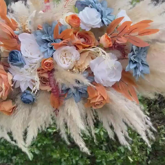 Dusty Blue Orange Arch Arrangement Wedding Boho Terracotta Dusty Blue Arbor Arrangement Pampas Grass Burnt Orange Blue Rust Backdrop Flowers