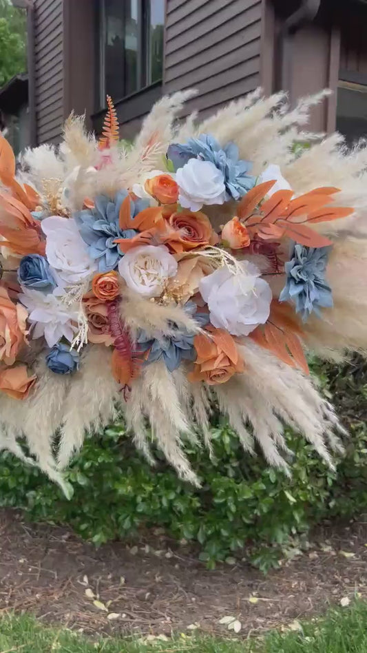 Dusty Blue Orange Arch Arrangement Wedding Boho Terracotta Dusty Blue Arbor Arrangement Pampas Grass Burnt Orange Blue Rust Backdrop Flowers