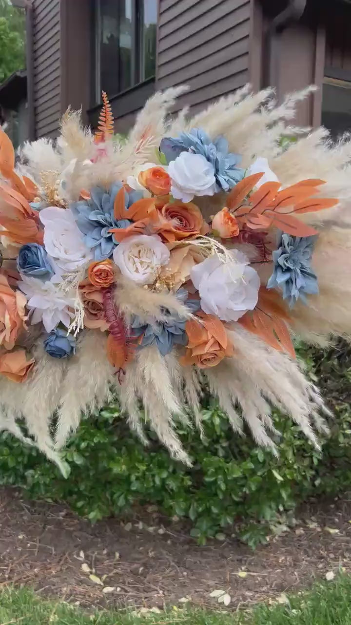 Dusty Blue Orange Arch Arrangement Wedding Boho Terracotta Dusty Blue Arbor Arrangement Pampas Grass Burnt Orange Blue Rust Backdrop Flowers