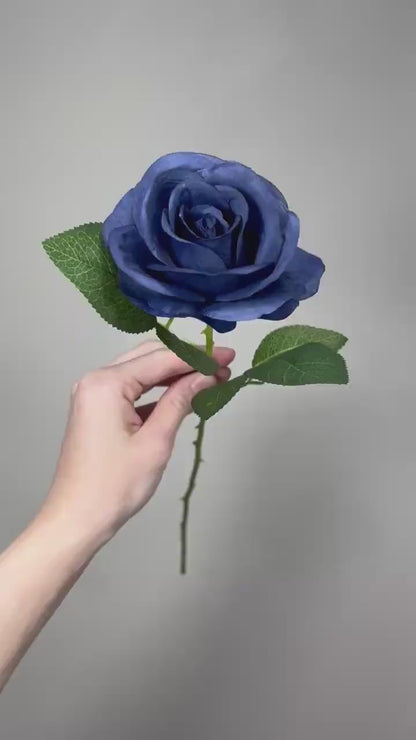 Navy Blue Roses Artificial Flower Heads with Stem Leaves Wedding Roses for Bouquet DIY Royal Blue Flowers Heads Silk Roses Dark Blue