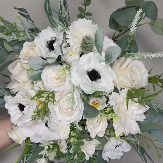 Wedding Bouquet White Anemone Wedding Ivory Anemone Cascade Bouquet Greenery Classic White Anemone Eucalyptus Handmade Decor Artificial Sage