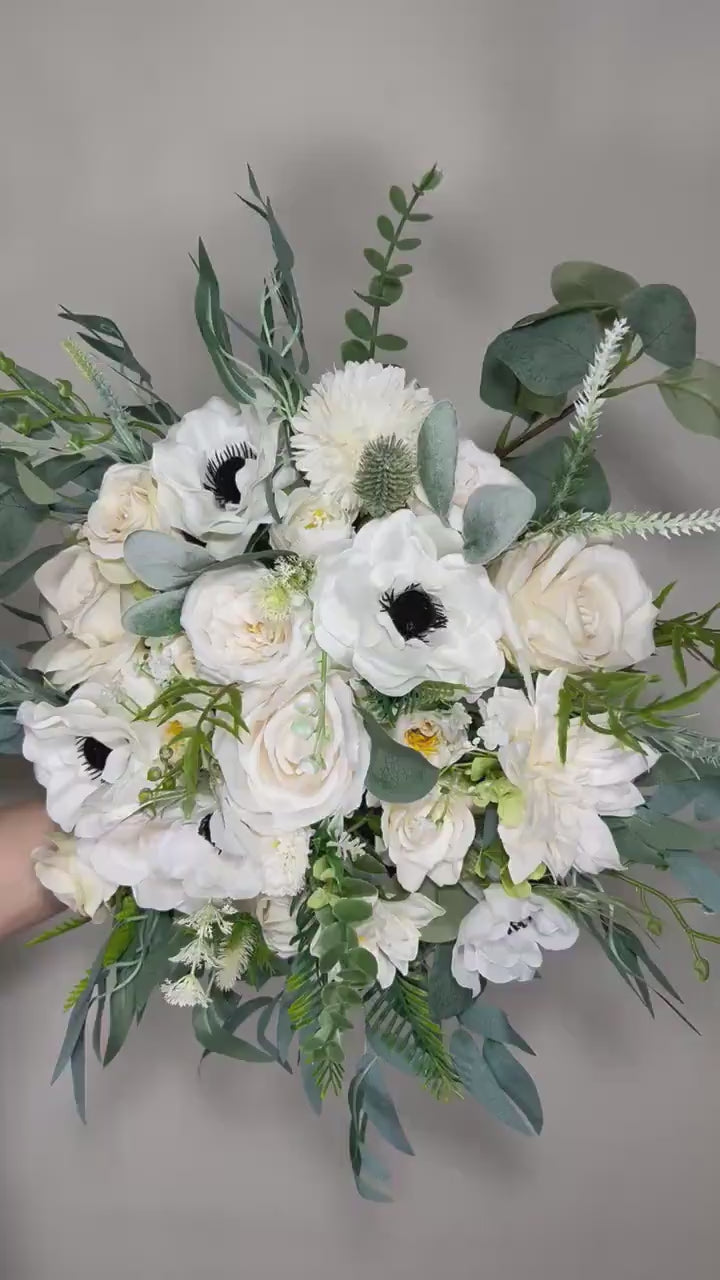 Wedding Bouquet White Anemone Wedding Ivory Anemone Cascade Bouquet Greenery Classic White Anemone Eucalyptus Handmade Decor Artificial Sage
