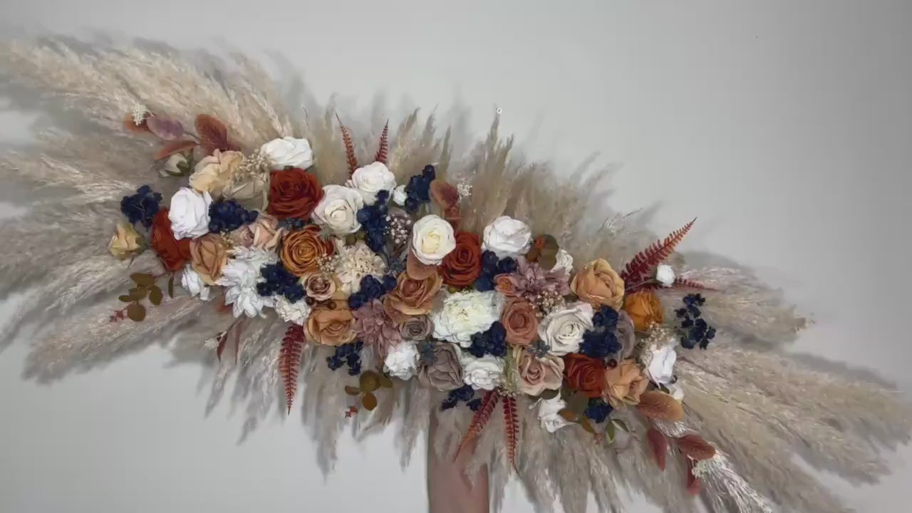 Wedding Terracotta Arch Arrangement Navy Blue Boho Burnt Orange Cinnamon Brown Rust  Aisle Arrangement Swag Pampas Grass Decor Wall Fall