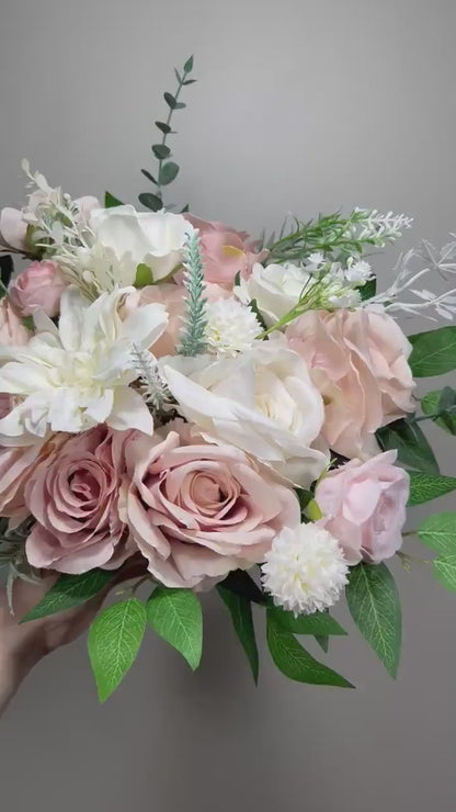 Pink Bouquet Bridal White Bouquet Dusty Rose Blush Bridesmaids Bouquet Pink Spring Summer Dandelion Greenery Artificial Flower