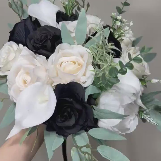 White Black Bouquet Bridal Calla Lily Bouquet White and Black Bouquet Ivory Sage Calla Lily Bridesmaids Bouquet Artificial Flowers