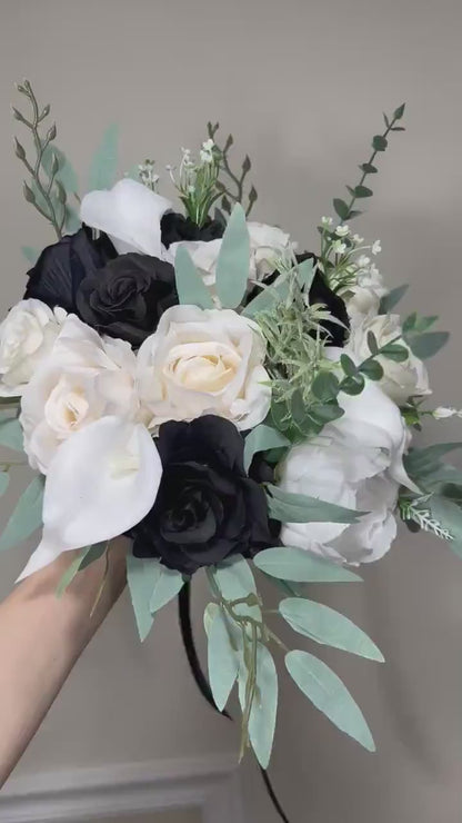 White Black Bouquet Bridal Calla Lily Bouquet White and Black Bouquet Ivory Sage Calla Lily Bridesmaids Bouquet Artificial Flowers