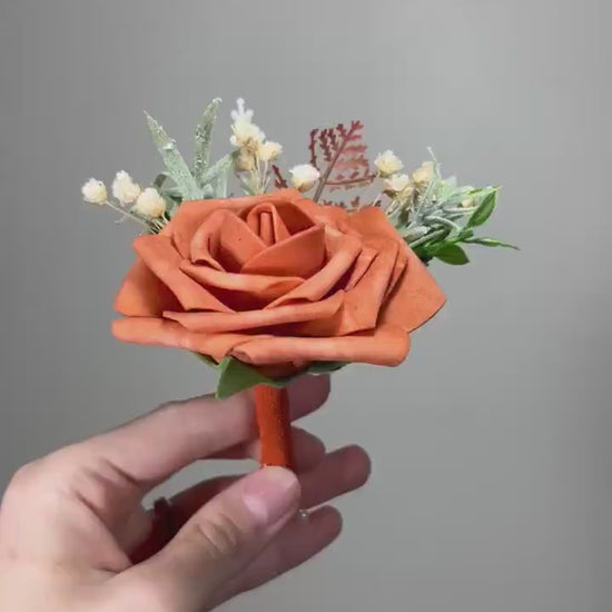 Rust Boutonniere Wedding Groom Burnt Orange Boutonnière Terracotta Groomsmen  Boutonnière Rust Orange Groom Artificial Flowers Foam