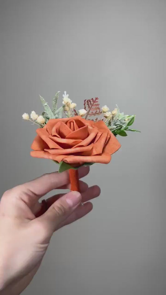 Rust Boutonniere Wedding Groom Burnt Orange Boutonnière Terracotta Groomsmen  Boutonnière Rust Orange Groom Artificial Flowers Foam