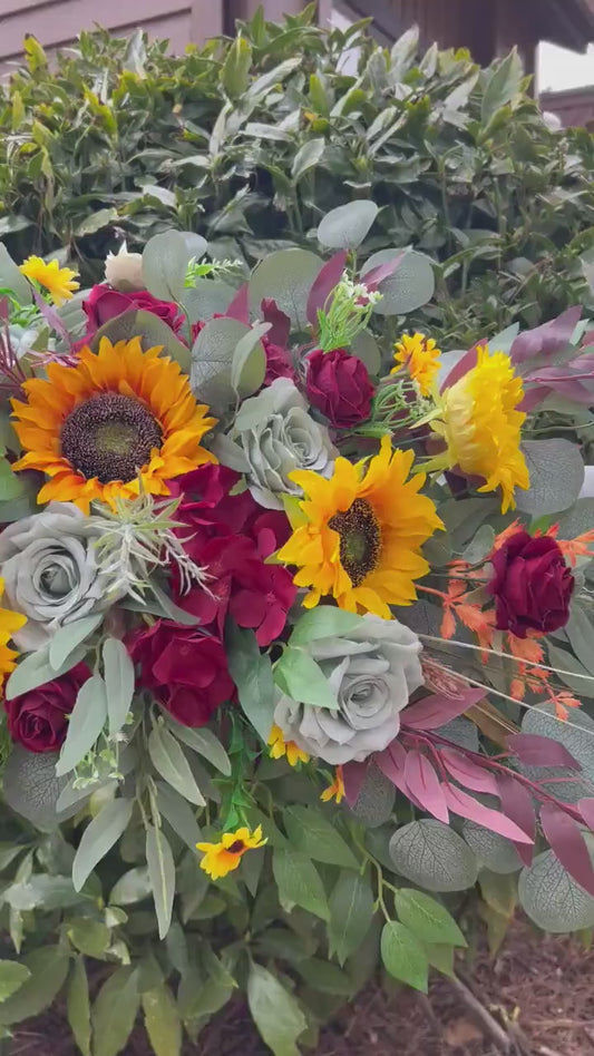 Sunflower Arch Arrangement Boho Sunflower Burgundy Arbor Arrangement Sunflower Sage Green Arch Arrangement Maroon Sunflower Decor Greenery