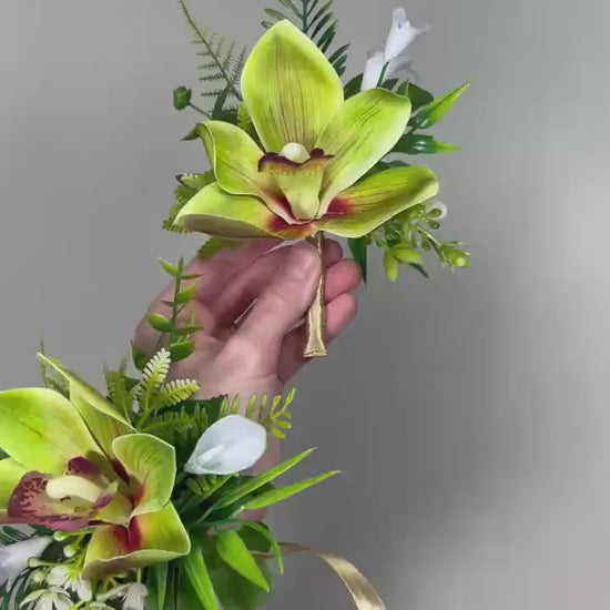 Orchid Boutonnière Green Wedding Tropical Beach Groom Boutonniere Pin On Groomsmen Cymbidium Prom Orchid Greenery Fern Mostera Artificial