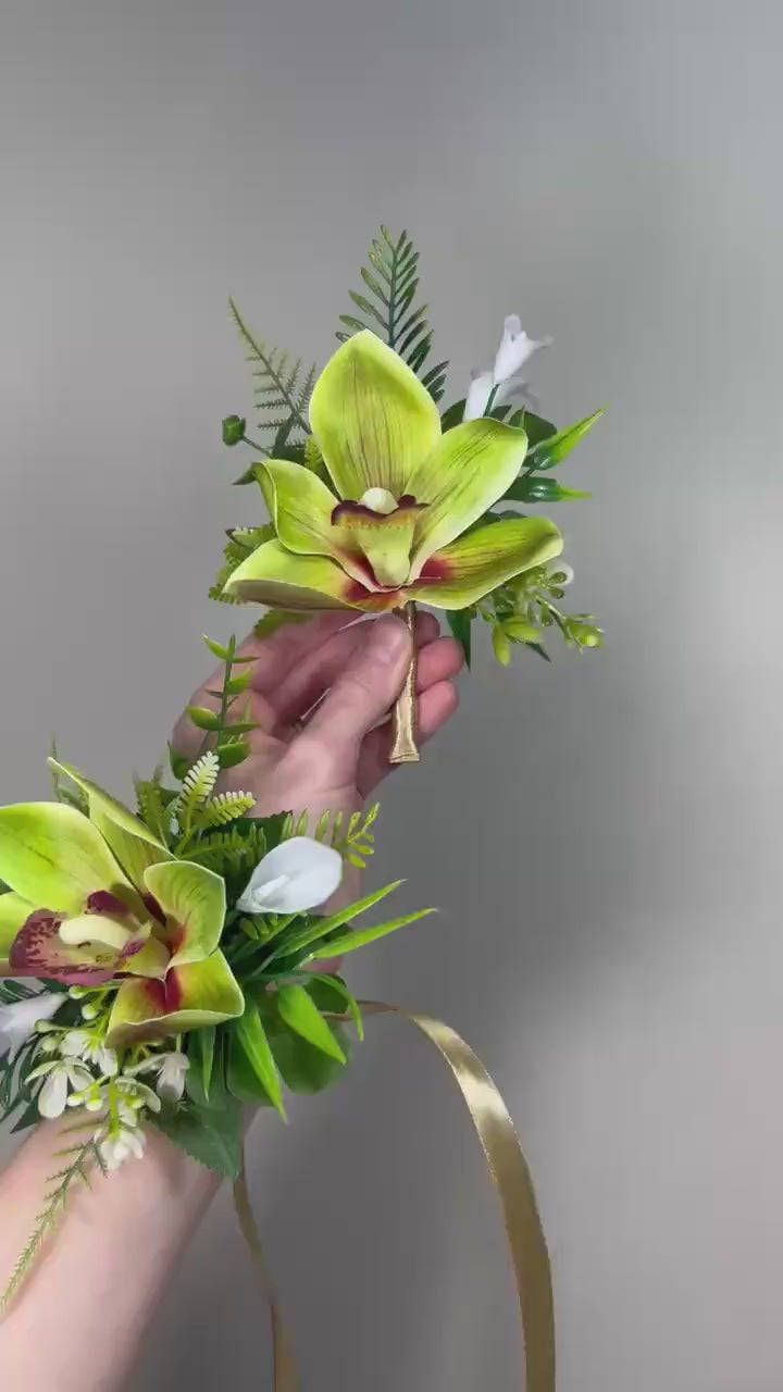 Orchid Boutonnière Green Wedding Tropical Beach Groom Boutonniere Pin On Groomsmen Cymbidium Prom Orchid Greenery Fern Mostera Artificial