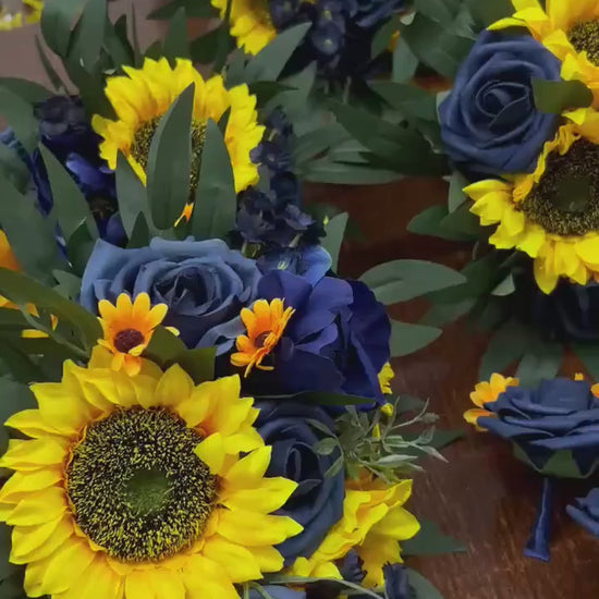 Navy Blue Sunflower Boutonnière, Wedding Groom Lapel Flower, Dark Blue Groomsmen Boutonnière, Yellow Sunflowers Navy Blue Artificial Flower