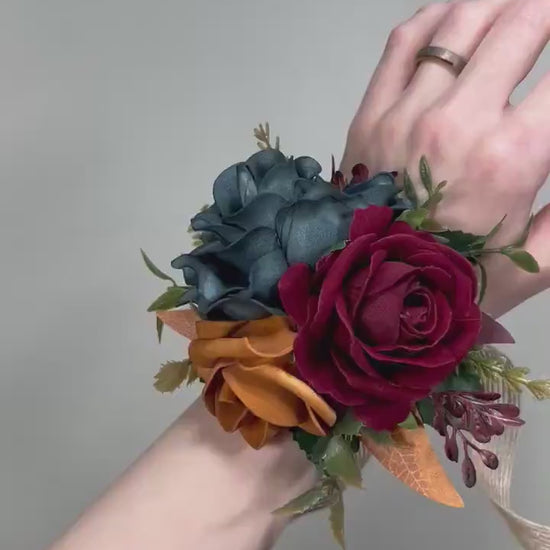 Dark Teal Corsage Wedding Teal Corsage Wrist Corsage Burgundy Teal Corsage Terracotta Mom Corsage Teal Rust Burgundy Artificial Flowers