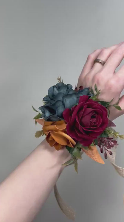 Dark Teal Corsage Wedding Teal Corsage Wrist Corsage Burgundy Teal Corsage Terracotta Mom Corsage Teal Rust Burgundy Artificial Flowers
