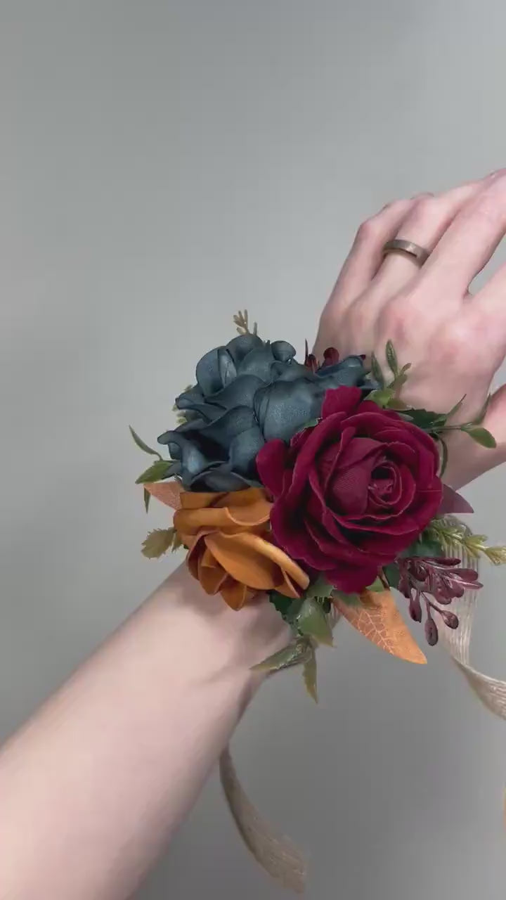 Dark Teal Corsage Wedding Teal Corsage Wrist Corsage Burgundy Teal Corsage Terracotta Mom Corsage Teal Rust Burgundy Artificial Flowers