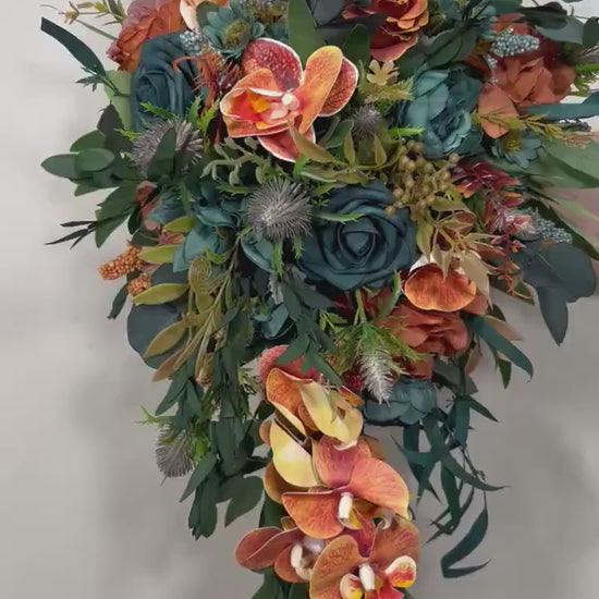 Teal Orange Bouquet Wedding Bridal Cascade Bouquet Terracotta Rustic Dark Teal Rust Orchid Eucalyptus Thistle Burnt Orange Artificial Flower