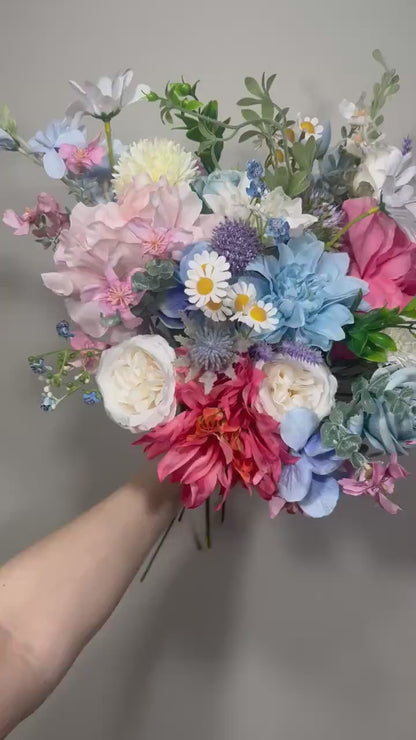 Summer Wedding Bouquet Wild Flower Pink Bridal White Spring Bouquet Pink Blush Blue Bridesmaids Bouquet Blue Wild Flower Artificial