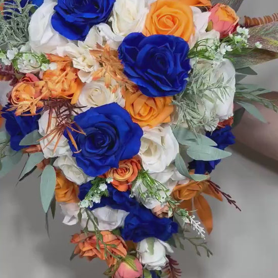 Blue Orange Bouquet Wedding Bridal Bouquet Royal Blue White Bouquet Cascade Bridesmaids Burnt Orange Bouquet Royal Blue Navy