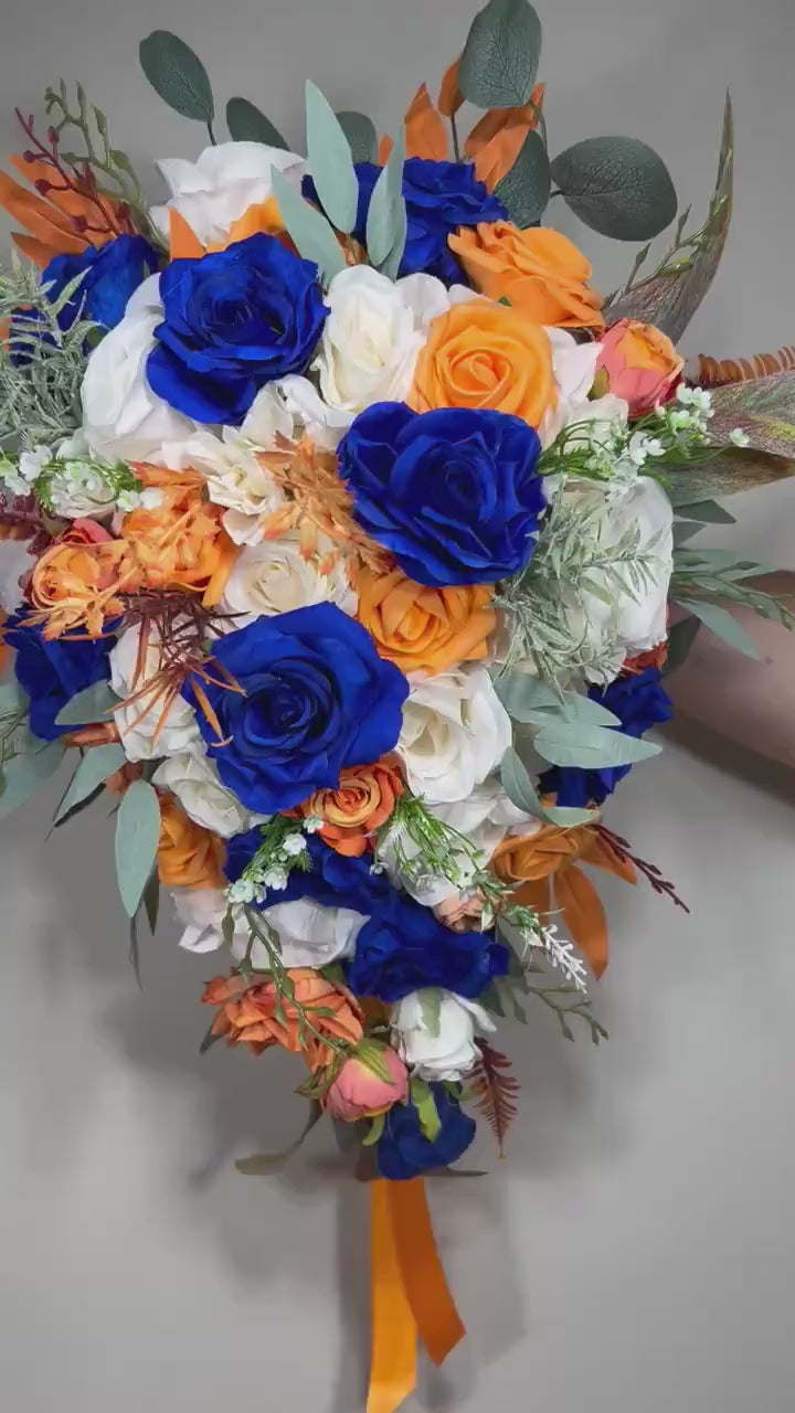 Blue Orange Bouquet Wedding Bridal Bouquet Royal Blue White Bouquet Cascade Bridesmaids Burnt Orange Bouquet Royal Blue Navy