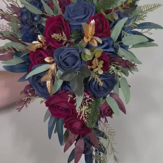 Winter Bouquet Burgundy Navy Blue Wedding Bouquet Bridal Cascading Wine Red Dark Blue Bouquet Cascade Bridesmaids Pine Tree Gold Artificial