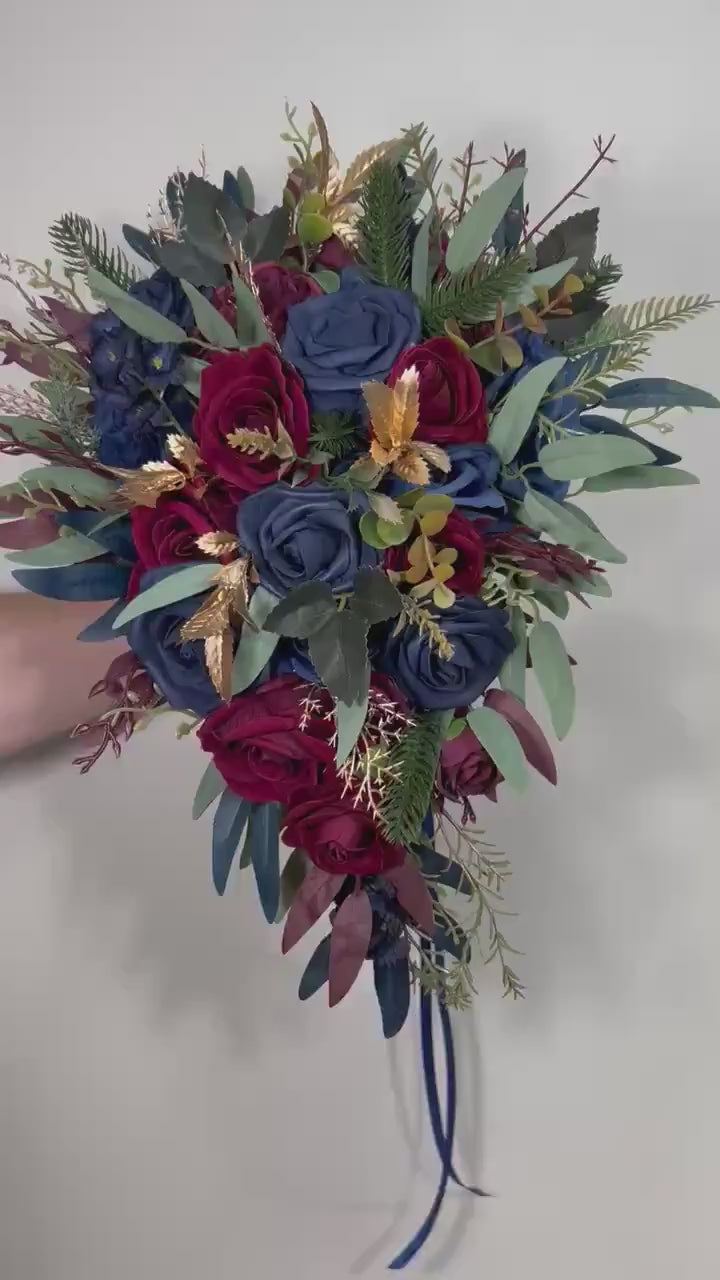 Winter Bouquet Burgundy Navy Blue Wedding Bouquet Bridal Cascading Wine Red Dark Blue Bouquet Cascade Bridesmaids Pine Tree Gold Artificial