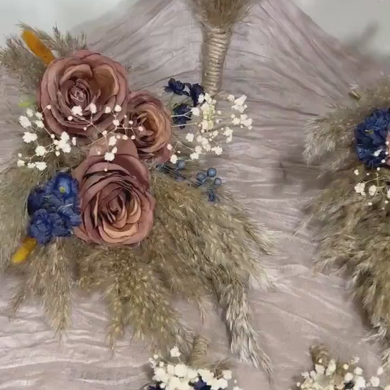 Brown Bouquet Wedding Bridal Terracotta Navy Blue Rust Boho Cinnamon Bouquet Coffee Brown Blue Taupe Artificial Flower Pampas Grass