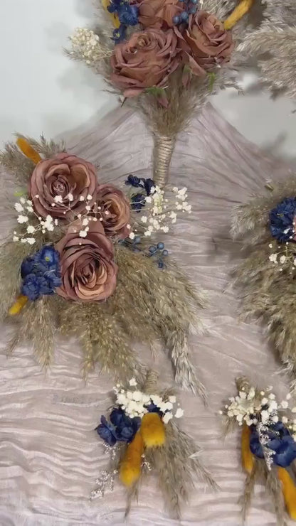 Brown Bouquet Wedding Bridal Terracotta Navy Blue Rust Boho Cinnamon Bouquet Coffee Brown Blue Taupe Artificial Flower Pampas Grass