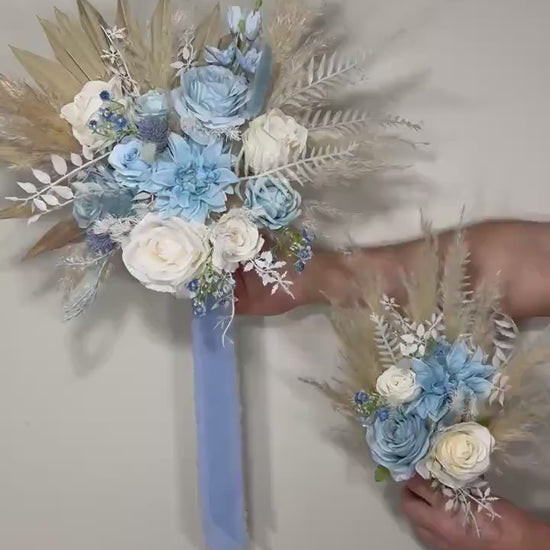 Wedding Bouquet Dusty Blue Sky Bridal Boho Bouquet Palms Leaves Wedding Royal Blue Baby White Pampas Grass Bouquet Artificial Flower Winter