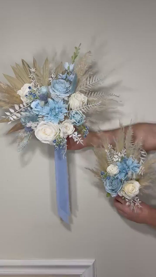 Wedding Bouquet Dusty Blue Sky Bridal Boho Bouquet Palms Leaves Wedding Royal Blue Baby White Pampas Grass Bouquet Artificial Flower Winter