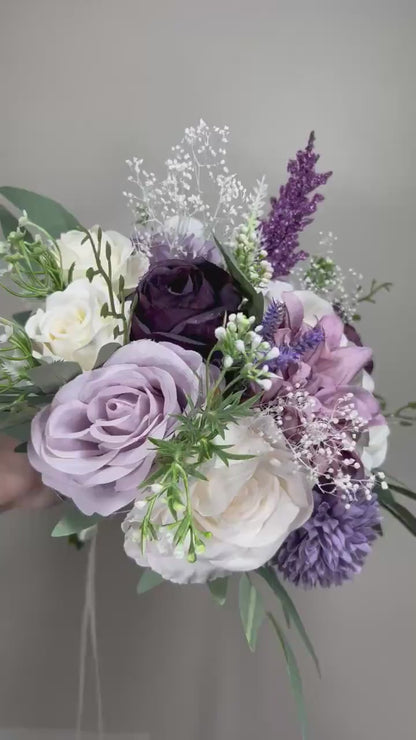 Wedding Lavender Bouquet Purple Bridal Violent Bouquet Plum Bridesmaids Lilac Dandelion Hydrangea Eucalyptus White Wild Flowers Artificial