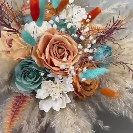 Terracotta Turquoise Bouquet Wedding Boho Bridal Burnt Orange Teal Blue Pampas Grass Bouquet Bridesmaids Baby Breath Artiricial Flowers