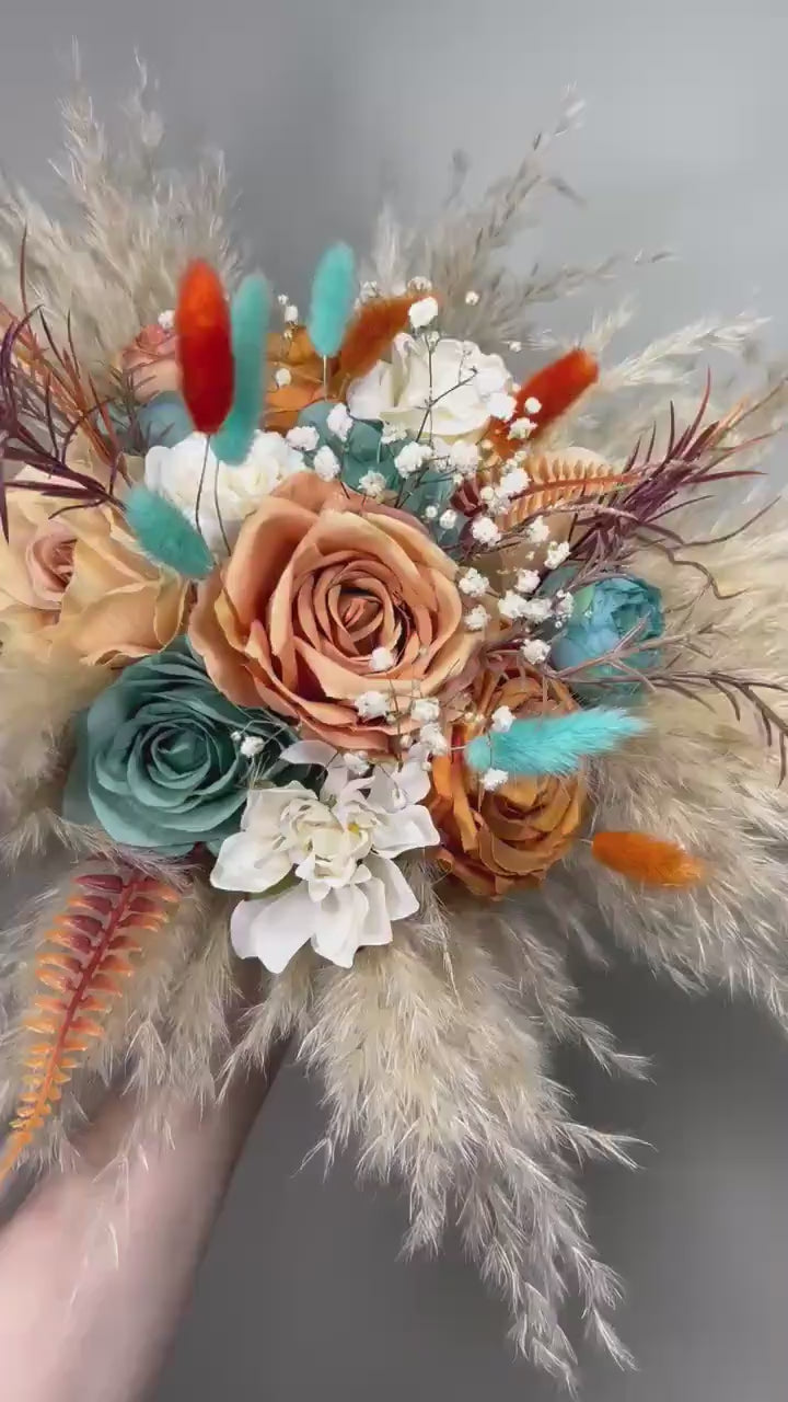 Terracotta Turquoise Bouquet Wedding Boho Bridal Burnt Orange Teal Blue Pampas Grass Bouquet Bridesmaids Baby Breath Artiricial Flowers