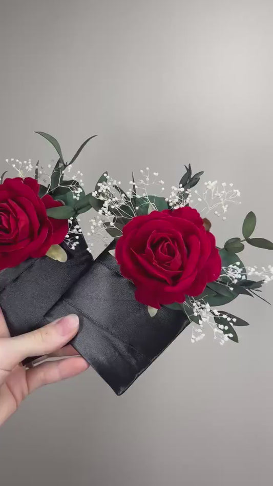 Red Pocket Boutonniere Wedding Christmas Pocket Boutonnières Red Groomsmen Square Boutonnière Pocket Red Winter Baby Breath Eucalyptus