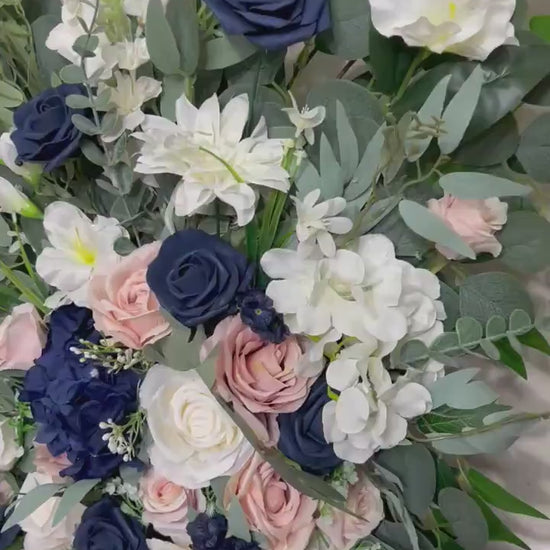 Wedding Aisle Marker Flower Floor Arrangement Whiskey Barrel Décor Dusty Rose Navy Blue White Ground Arch Blush Dark Blue