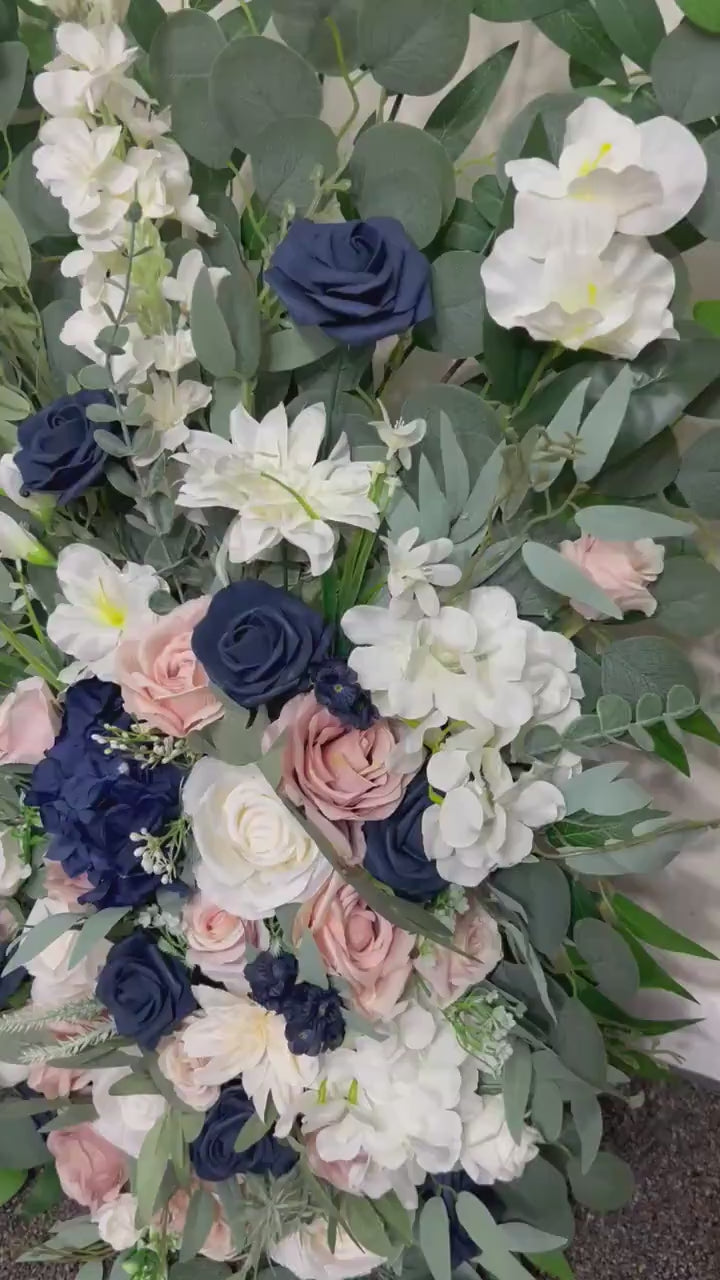 Wedding Aisle Marker Flower Floor Arrangement Whiskey Barrel Décor Dusty Rose Navy Blue White Ground Arch Blush Dark Blue