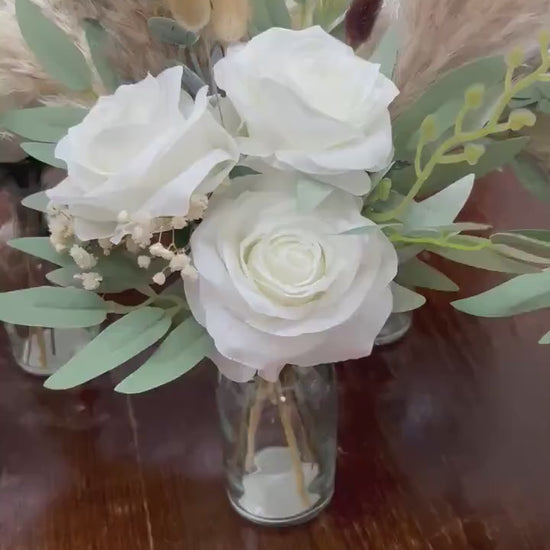 White Wedding Centerpiece, Boho White Rose Table Centerpiece for Bud Vase, Pampas Grass Reception Table Flowers, Natural Eucalyptus Greenery