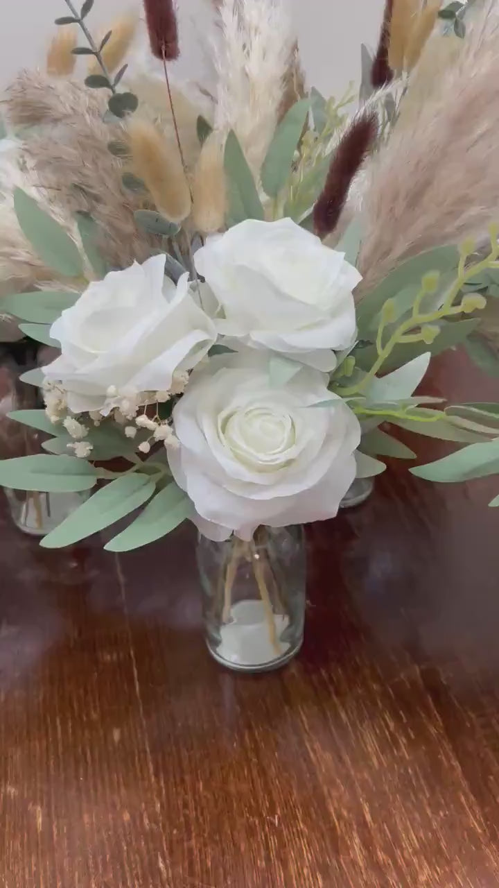 White Wedding Centerpiece, Boho White Rose Table Centerpiece for Bud Vase, Pampas Grass Reception Table Flowers, Natural Eucalyptus Greenery