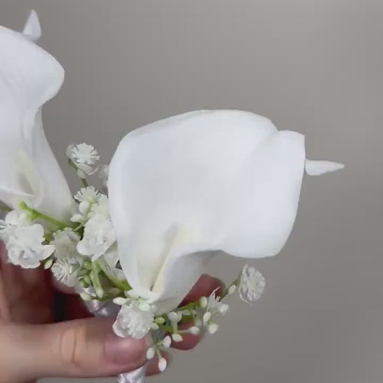 Calla Lily Pocket Boutonnière Wedding Groom White Calla Lilies Square Boutonnière Groomsmen Ivory Baby Breath Real Touch Artiticial Flower