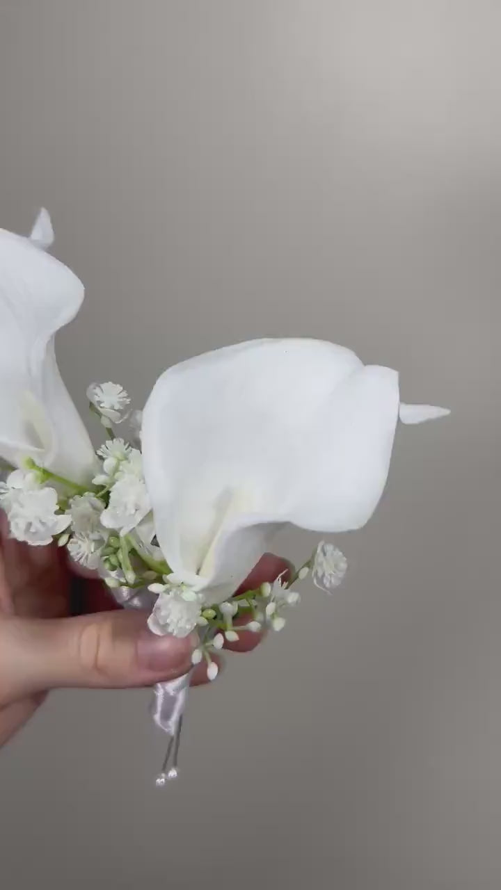 Calla Lily Pocket Boutonnière Wedding Groom White Calla Lilies Square Boutonnière Groomsmen Ivory Baby Breath Real Touch Artiticial Flower