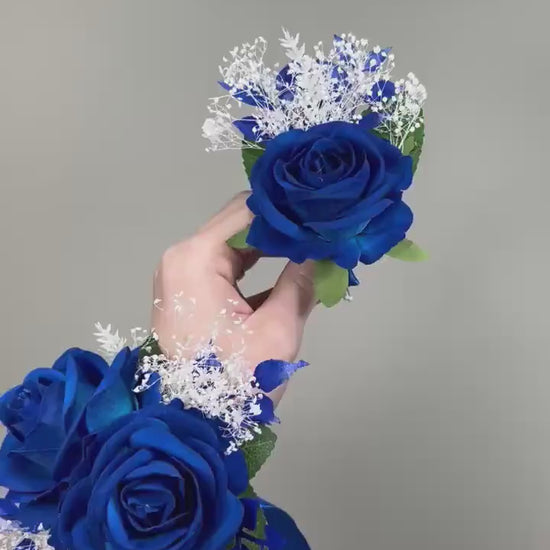 Royal Blue Corsage, Wedding Blue Wrist Corsage, Prom Royal Blue Corsage, Bridesmaids Wristlet Baby Breath