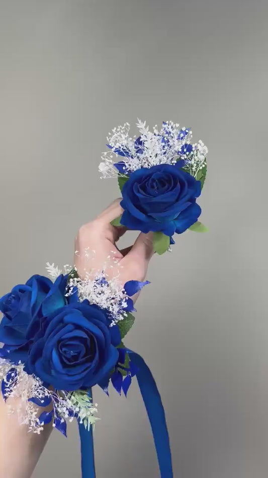 Royal Blue Corsage, Wedding Blue Wrist Corsage, Prom Royal Blue Corsage, Bridesmaids Wristlet Baby Breath