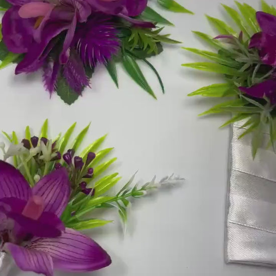 Purple Orchid Corsage Wedding Mom Square Boutonniere Pocket Beach Tropical Deep Purple Groomsmen Prom Artificial