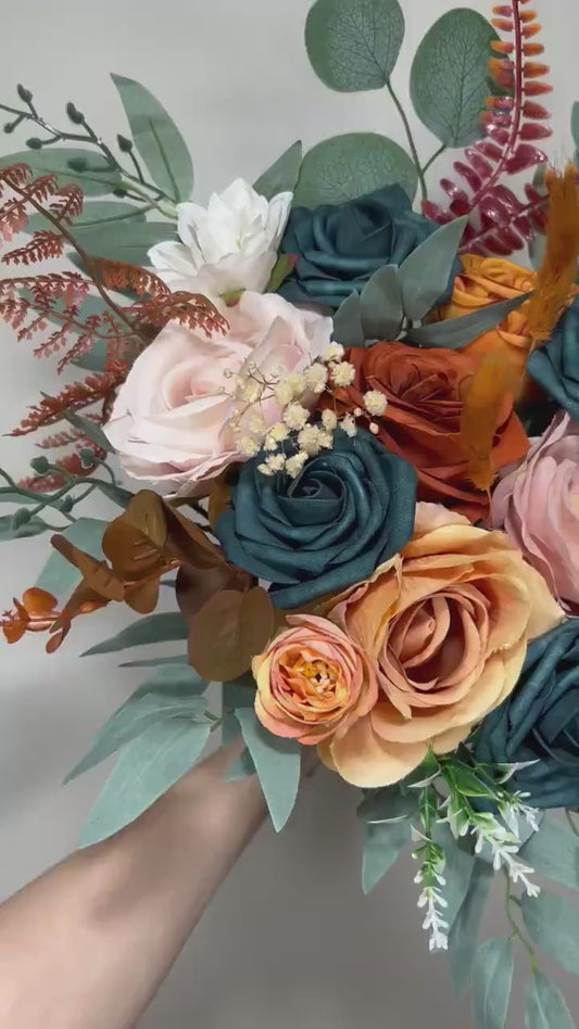 Wedding Dark Teal Bouquet Rust Orange Bridal Dusty Rose Bridesmaids Bouquet Terracotta Dusty Rose Silk Artificial Flowers Bouquet