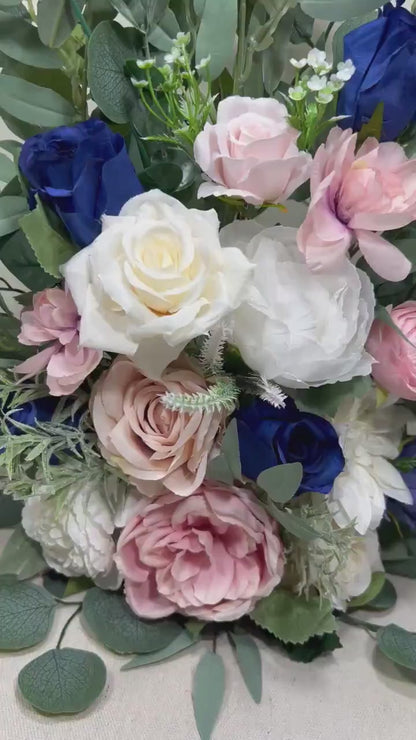 Wedding Aisle Marker Flower Floor Arrangement Whiskey Barrel Décor Pink Blue Ground Arch White Navy Blue Ivory Eucalyptus Dusty Rose