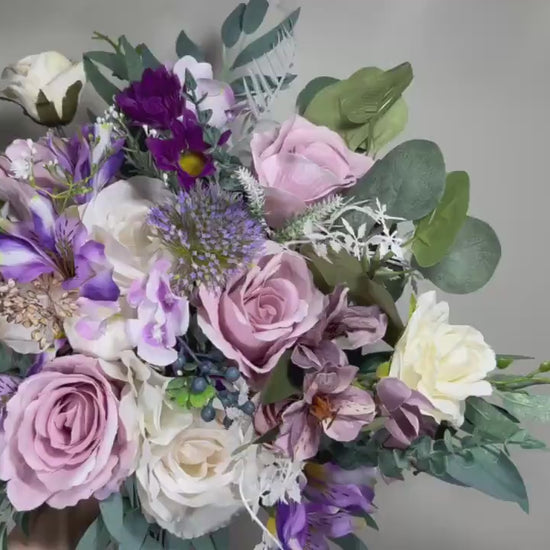 Wedding Bouquet Lavender Bridal Purple Rustic Violet Bouquet Plum Bridesmaids Lilac Mauve Eucalyptus Rose White Wild Flowers Artificial