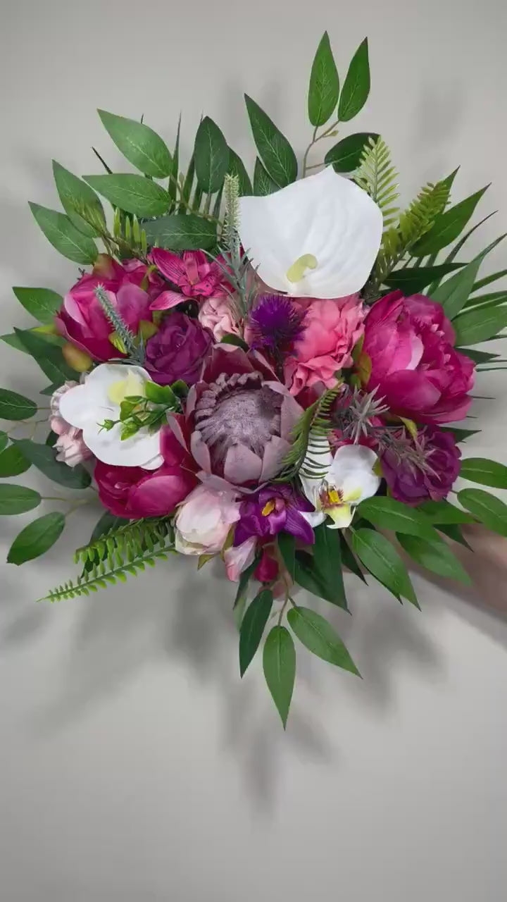 Wedding Fuchsia Bouquet Bridal Viva Magenta Bridesmaids Bouquet Hot Pink Deep Pink Orchid Protea Pink Bouquet White Artificial Flower